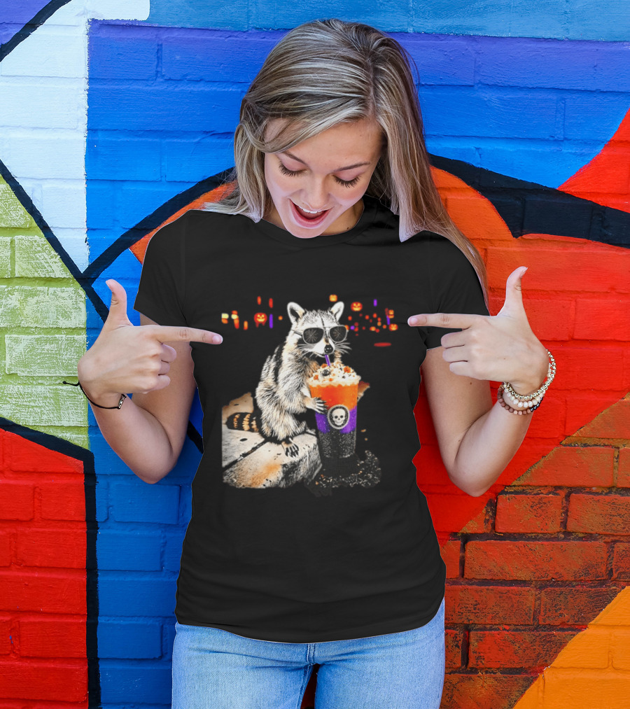 Raccoon With Sunglasses Enjoying Halloween Frappe With Skull Cup And Pumpkin T-Shirt