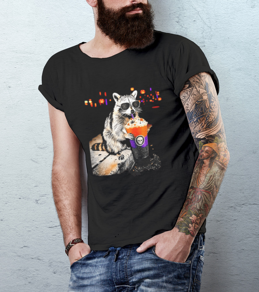 Raccoon With Sunglasses Enjoying Halloween Frappe With Skull Cup And Pumpkin T-Shirt
