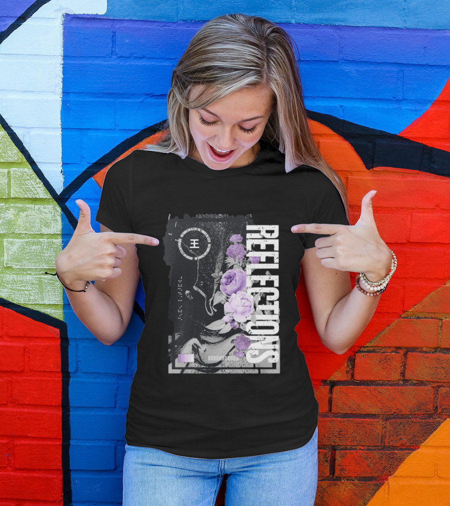 Reflections Peroxide Floral Typography With Purple Roses And Abstract Black And White T-Shirt