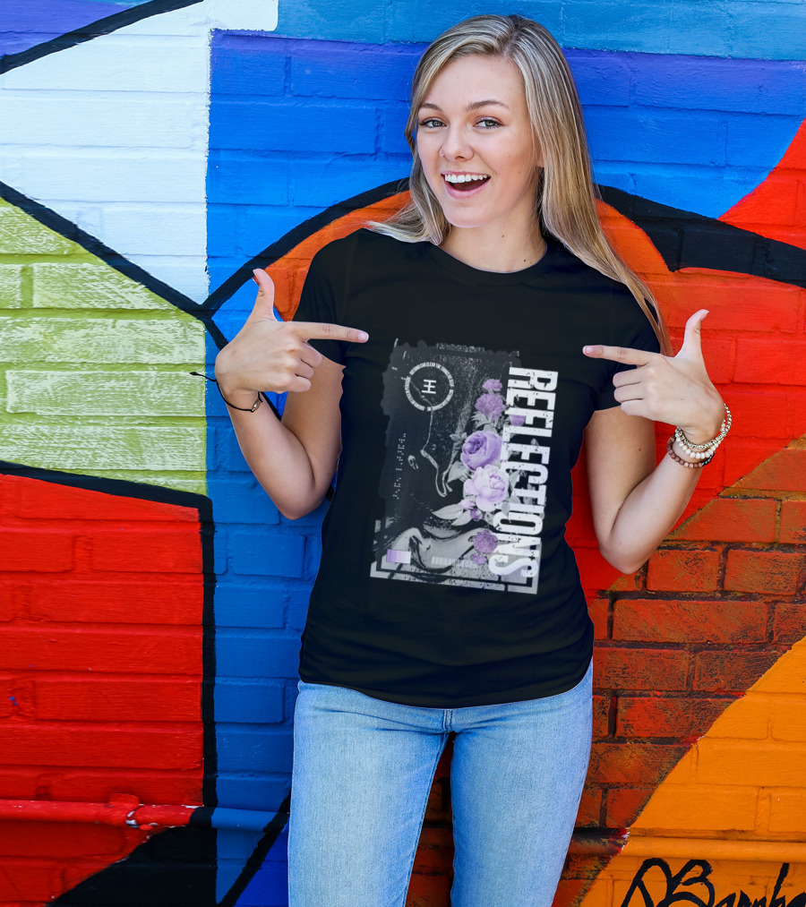 Reflections Peroxide Floral Typography With Purple Roses And Abstract Black And White T-Shirt