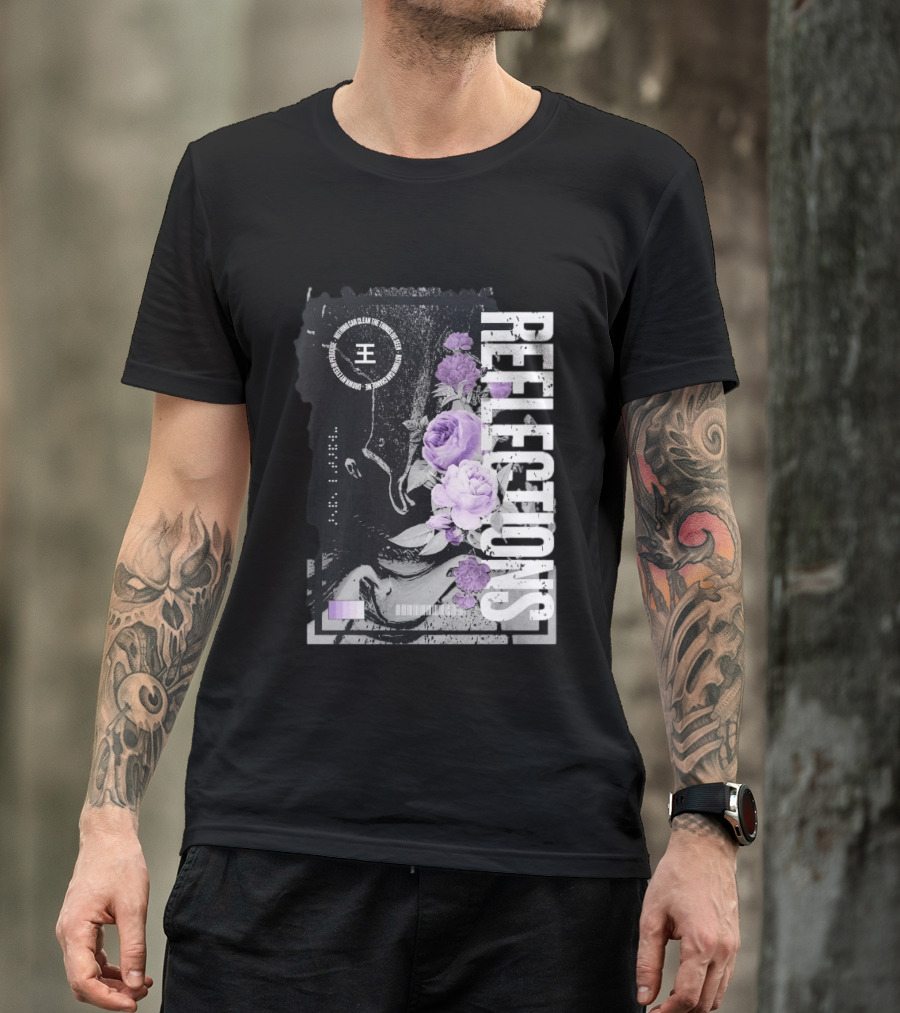 Reflections Peroxide Floral Typography With Purple Roses And Abstract Black And White T-Shirt