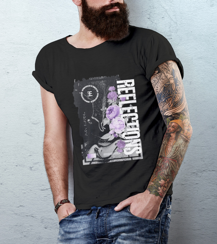 Reflections Peroxide Floral Typography With Purple Roses And Abstract Black And White T-Shirt