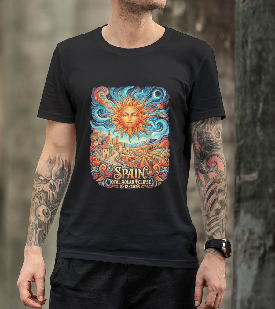 Spain Total Solar Eclipse 8 12 2026 Sun And Moon Celestial Village T-Shirt