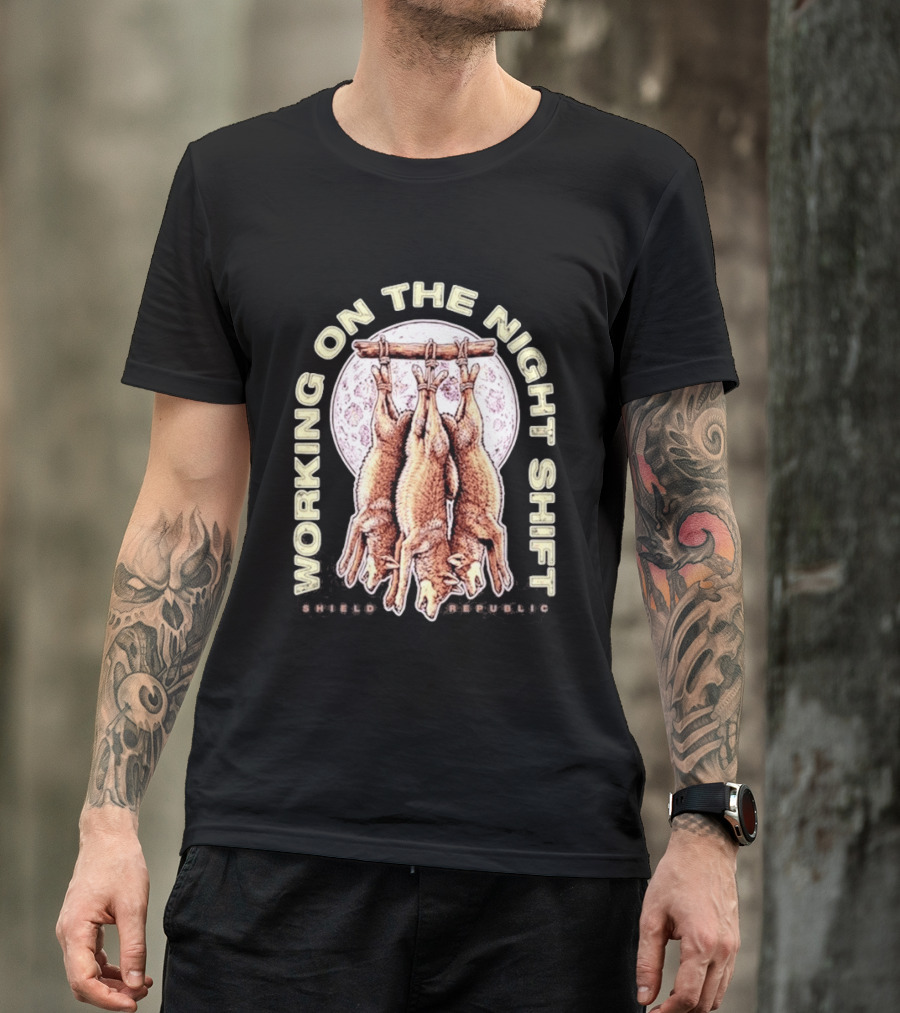 Working On The Night Shift Shield Republic Hanging Coyotes Full Moon T-Shirt