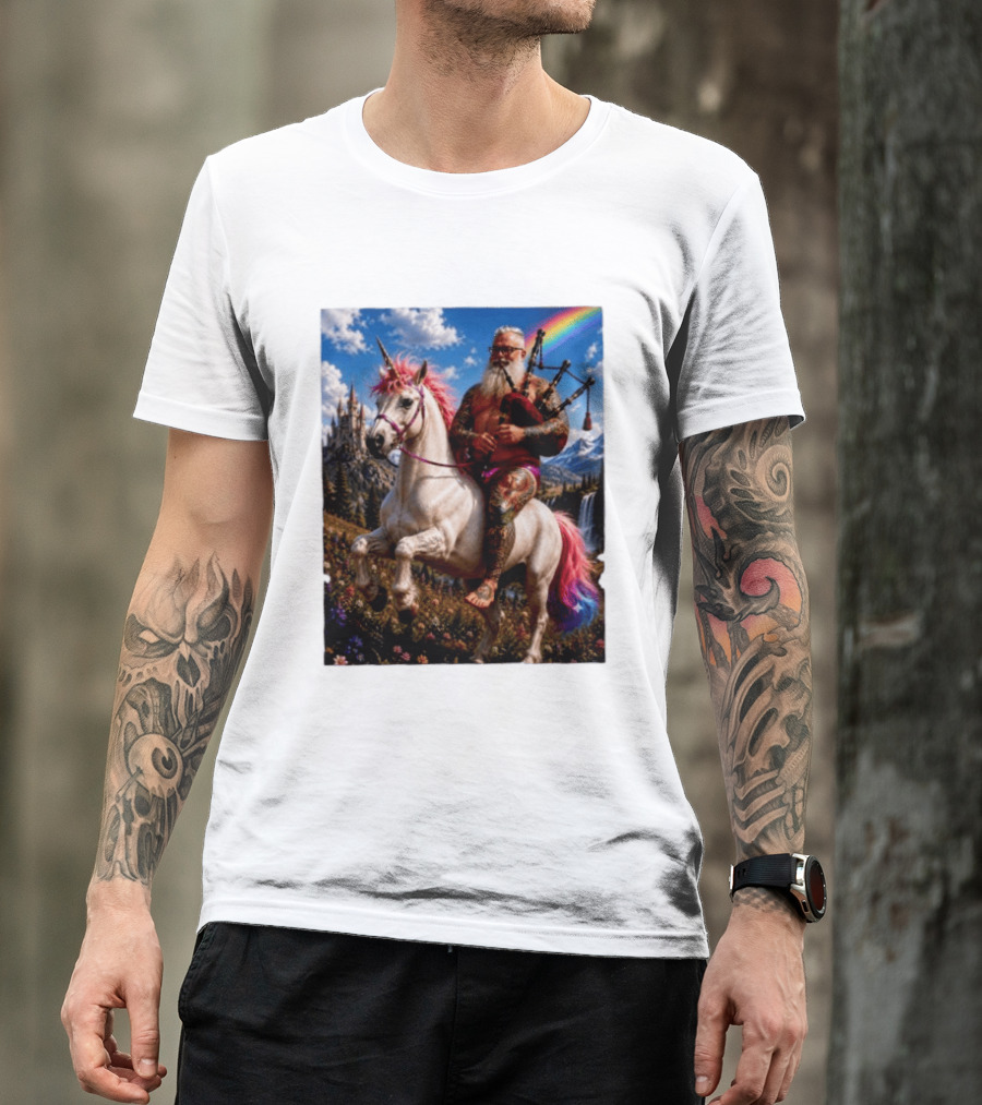 Bearded Scotsman Playing Bagpipes Riding A Rainbow Unicorn In Enchanted Castle Landscape T-Shirt