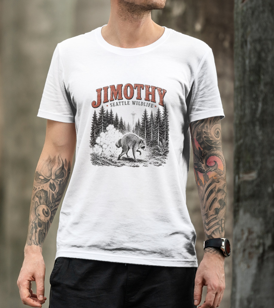 Jimothy Seattle Wildlife Raccoon With Space Needle Forest Scene T-Shirt