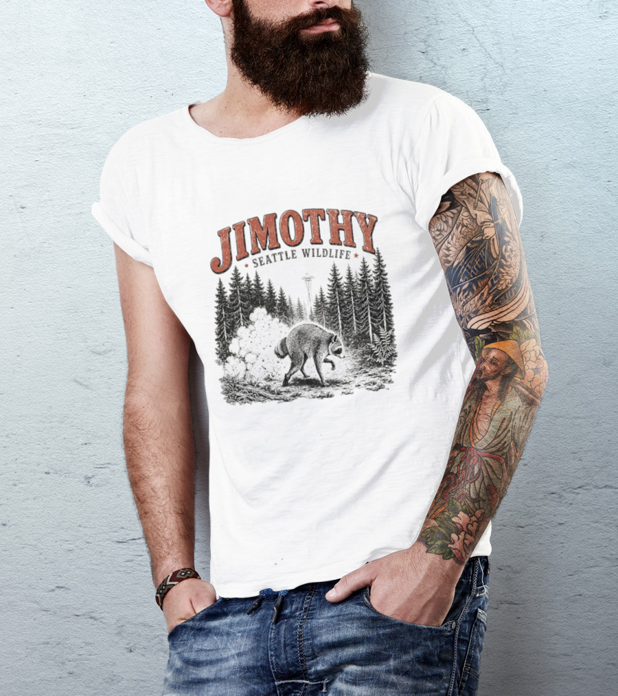 Jimothy Seattle Wildlife Raccoon With Space Needle Forest Scene T-Shirt
