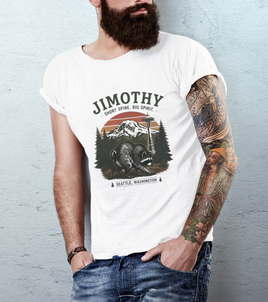 Jimothy Short Spine Big Spirit Bear Seattle Washington Skyline Sunset T-Shirt