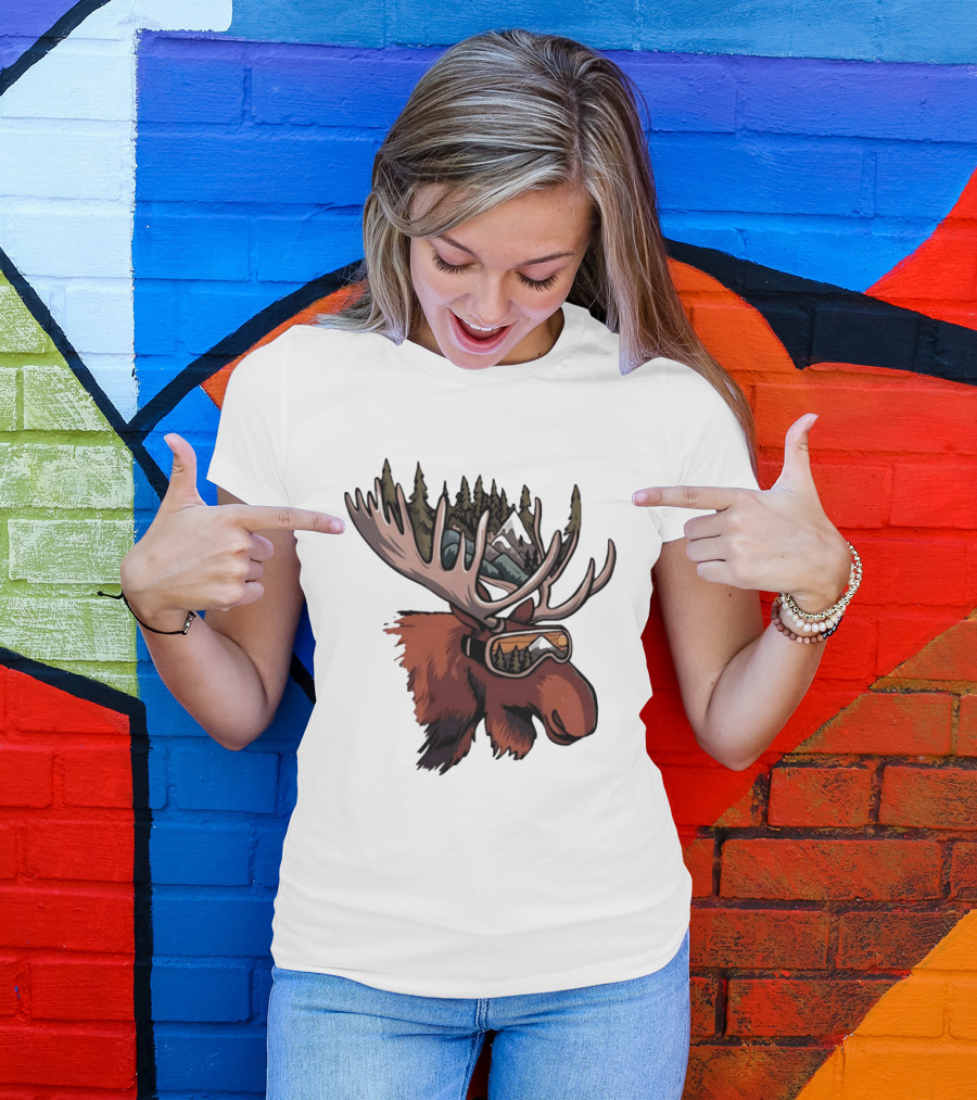 Moose With Ski Goggles And Mountain Forest Antlers Adventure Scene T-Shirt