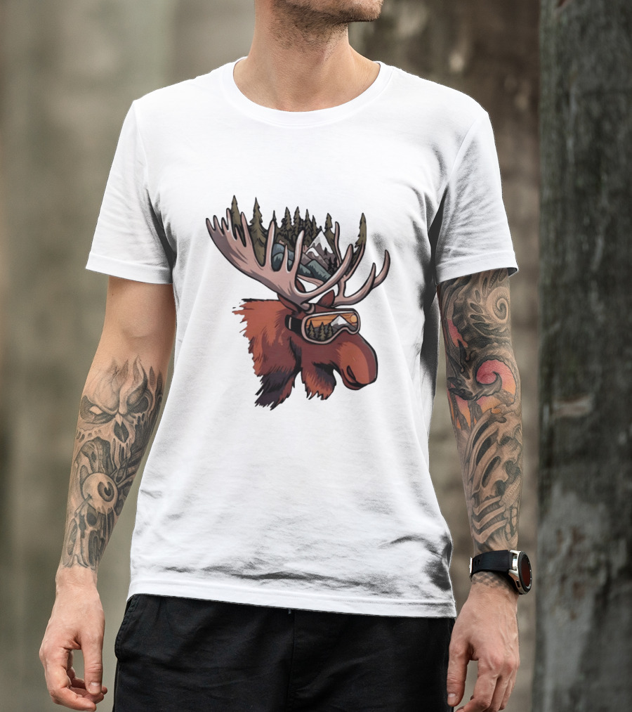 Moose With Ski Goggles And Mountain Forest Antlers Adventure Scene T-Shirt
