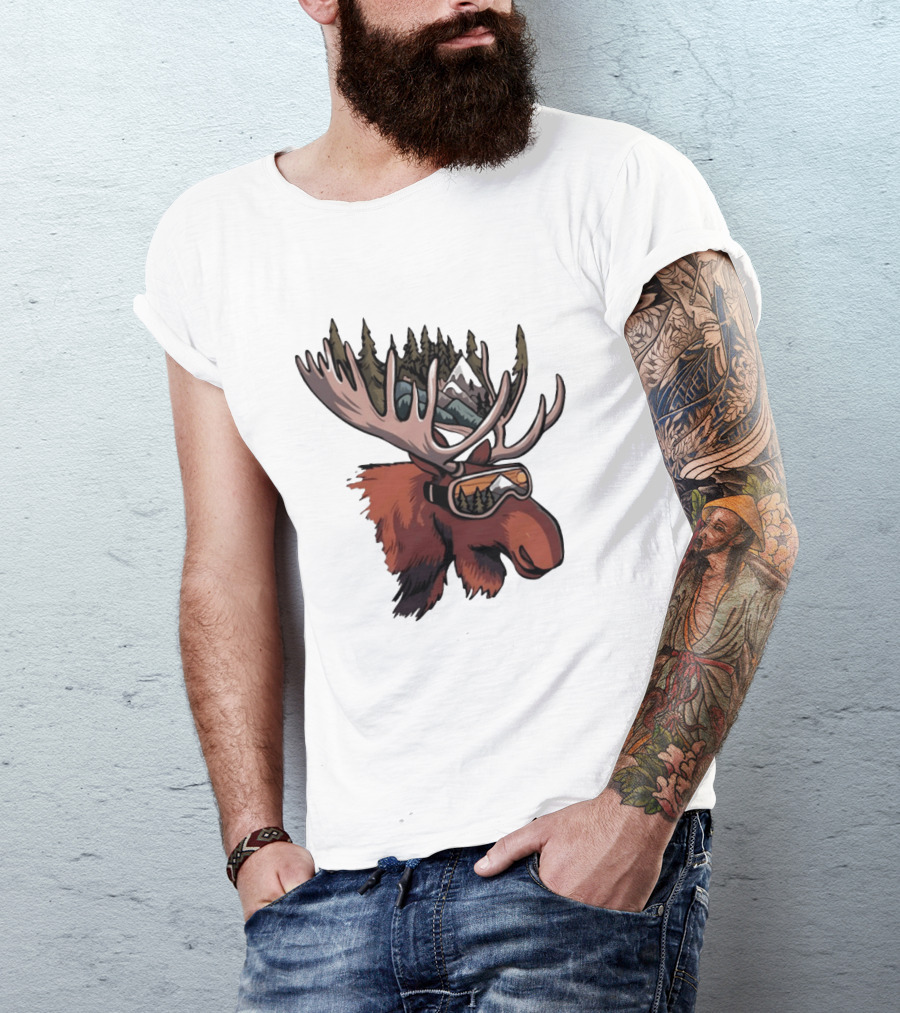 Moose With Ski Goggles And Mountain Forest Antlers Adventure Scene T-Shirt