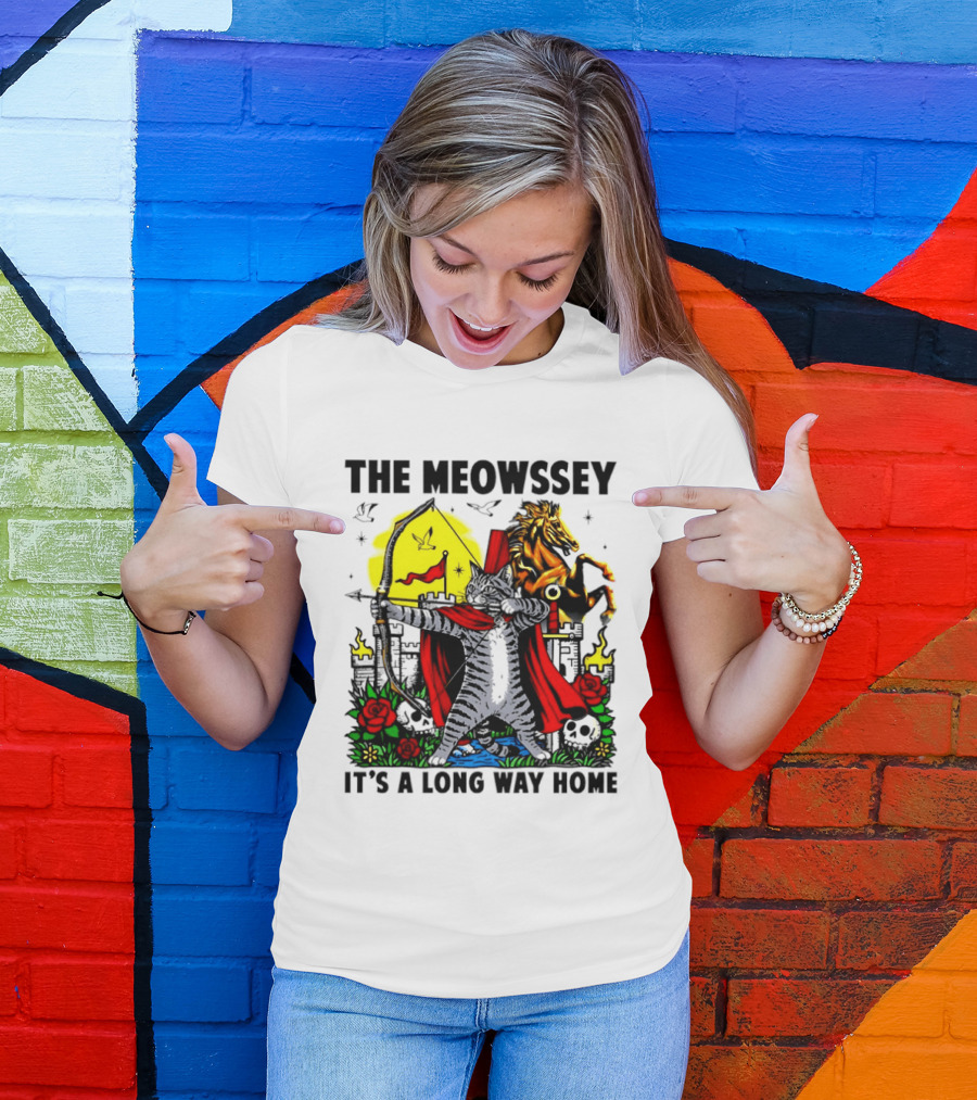 The Meowssey It's A Long Way Home Cat Archer With Red Cape And Horse T-Shirt