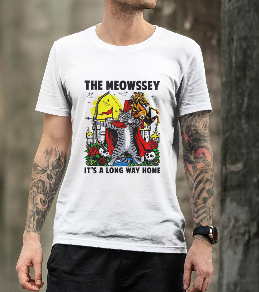 The Meowssey It's A Long Way Home Cat Archer With Red Cape And Horse T-Shirt