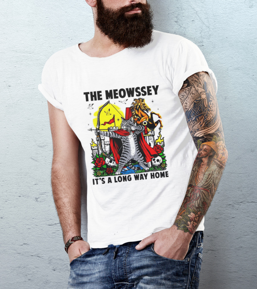 The Meowssey It's A Long Way Home Cat Archer With Red Cape And Horse T-Shirt