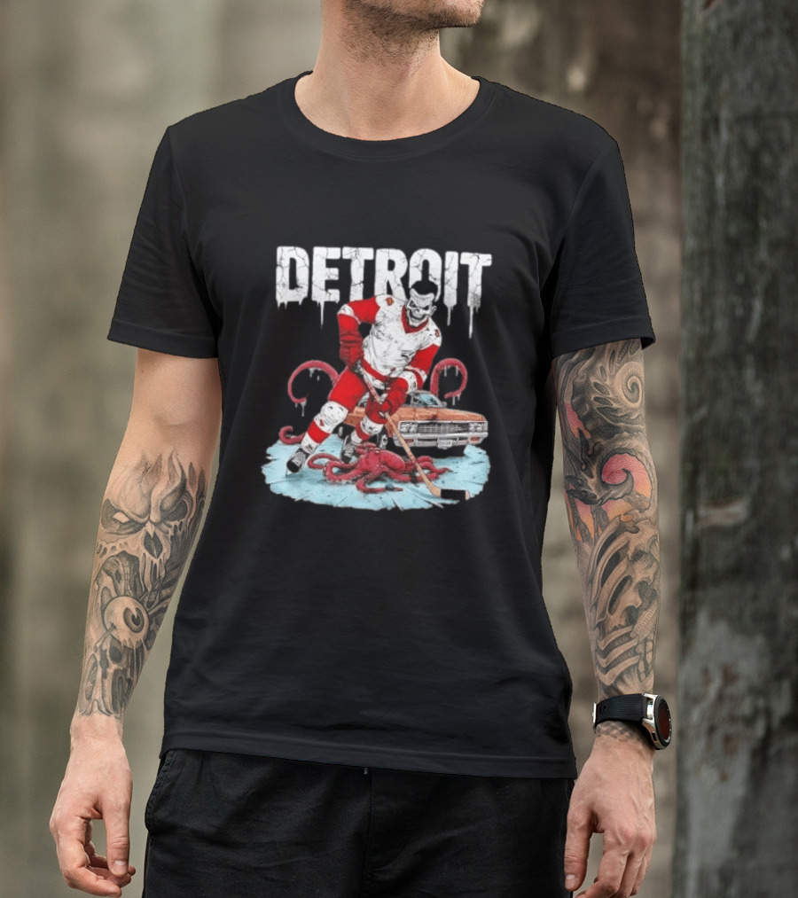 Detroit Red Wings Skull Hockey Player Tentacles Car T-Shirt