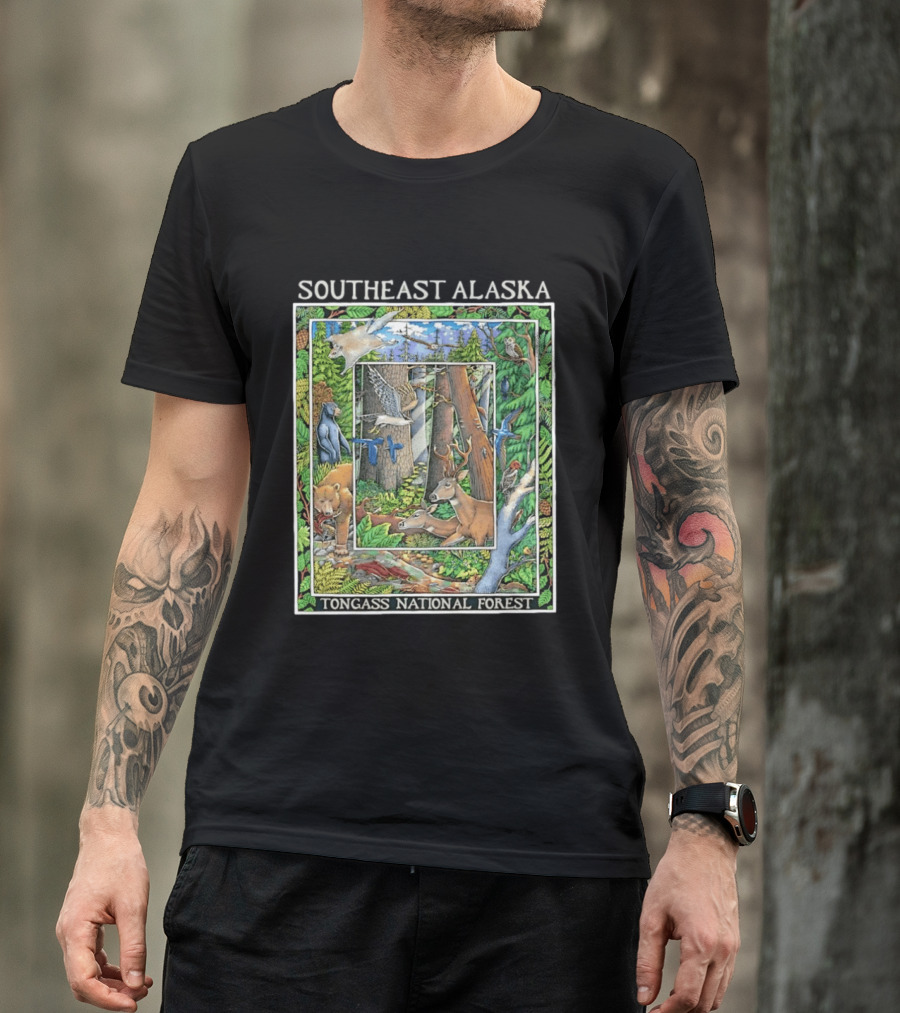 Southeast Alaska Tongass National Forest Wildlife Bear Deer Owl Wolf Bird T-Shirt