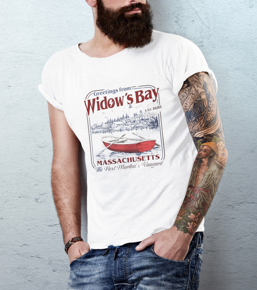 Greetings From Widow's Bay Massachusetts Est 1681 Martha's Vineyard Boat And Lighthouse T-Shirt