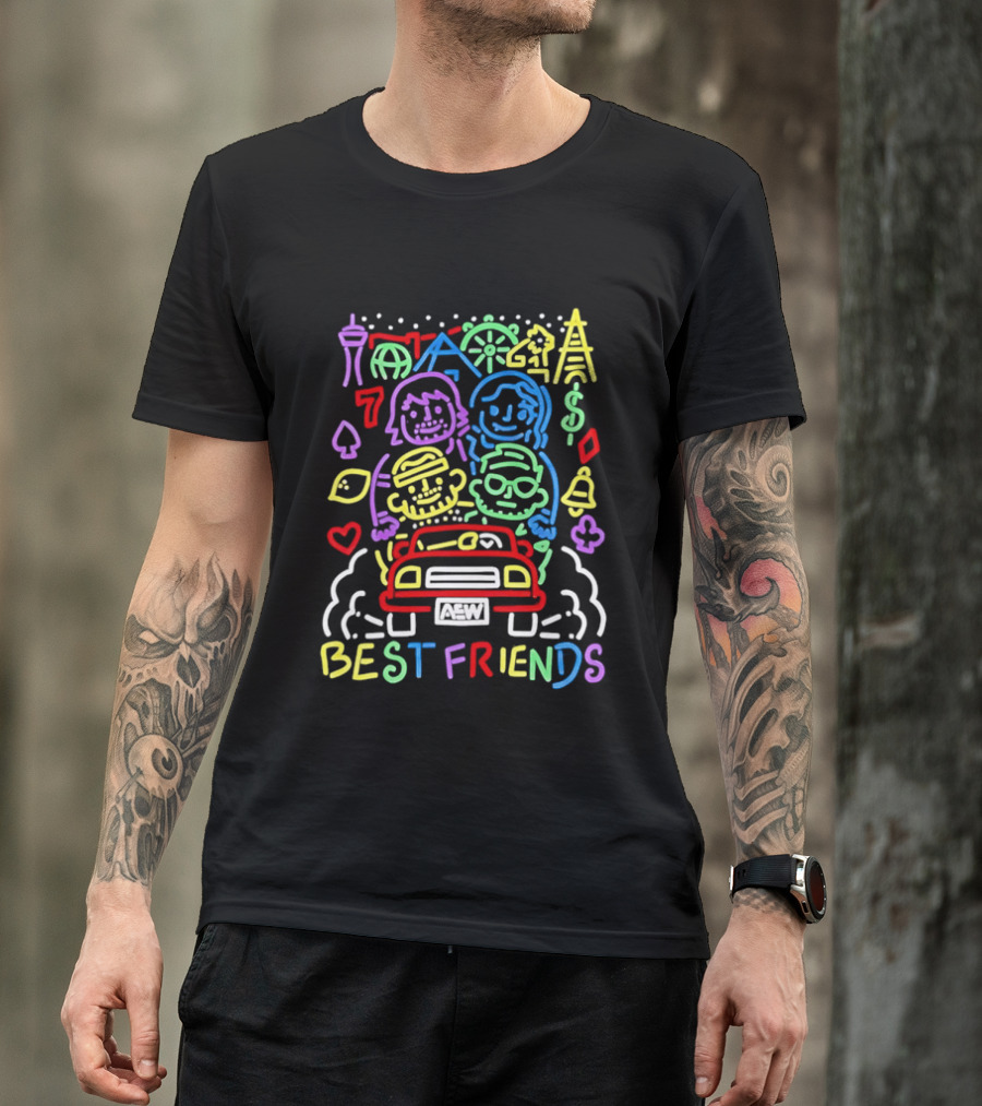 Best Friends AEW Neon Road Trip With Casino Icons And Landmarks T-Shirt