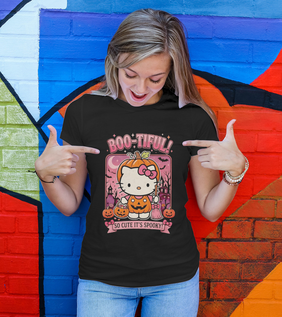 Boo Tiful Hello Kitty So Cute It's Spooky Halloween Pumpkin T-Shirt