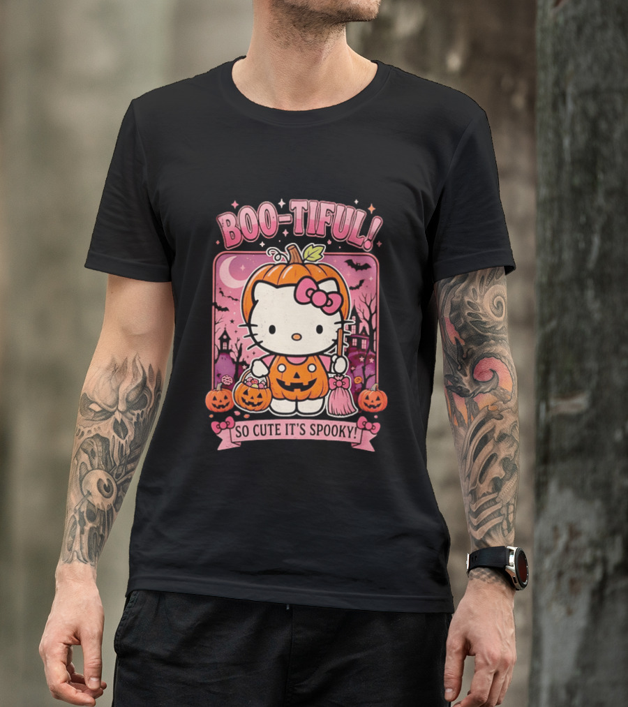 Boo Tiful Hello Kitty So Cute It's Spooky Halloween Pumpkin T-Shirt