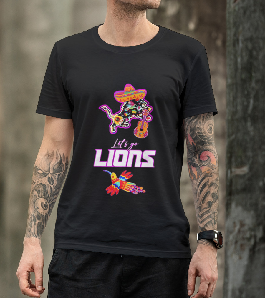 Let's Go Lions Hispanic Heritage Fiesta Mexican Folk Sombrero And Guitar T-Shirt