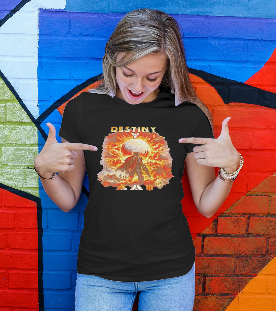 Destiny 3 Guardian Fireteam Solar Battle Scene With Traveler Sky Planet And Skull T-Shirt