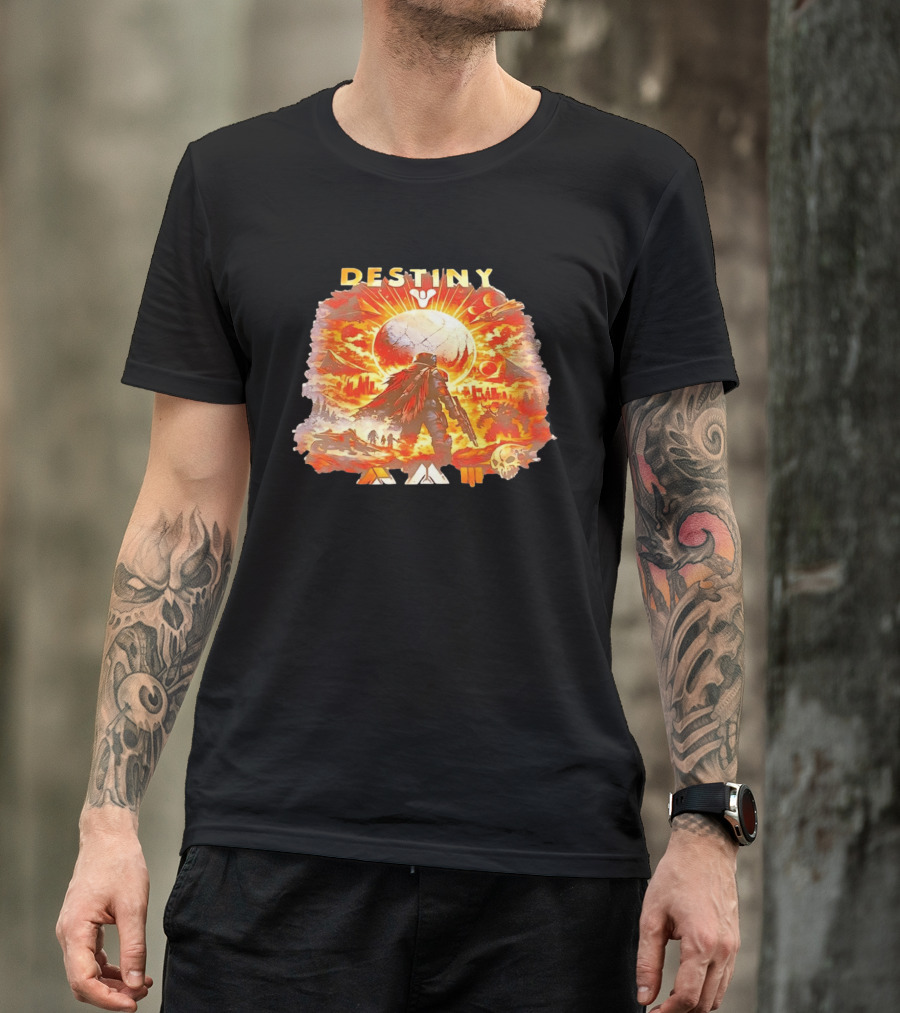 Destiny 3 Guardian Fireteam Solar Battle Scene With Traveler Sky Planet And Skull T-Shirt