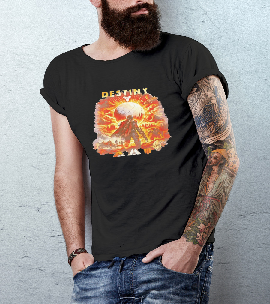 Destiny 3 Guardian Fireteam Solar Battle Scene With Traveler Sky Planet And Skull T-Shirt
