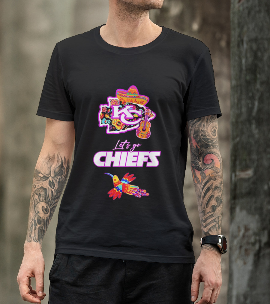 Kansas City Chiefs Let's Go Chiefs Fiesta Hispanic Heritage Mexican Folk KC Sombrero Guitar Hummingbird T-Shirt