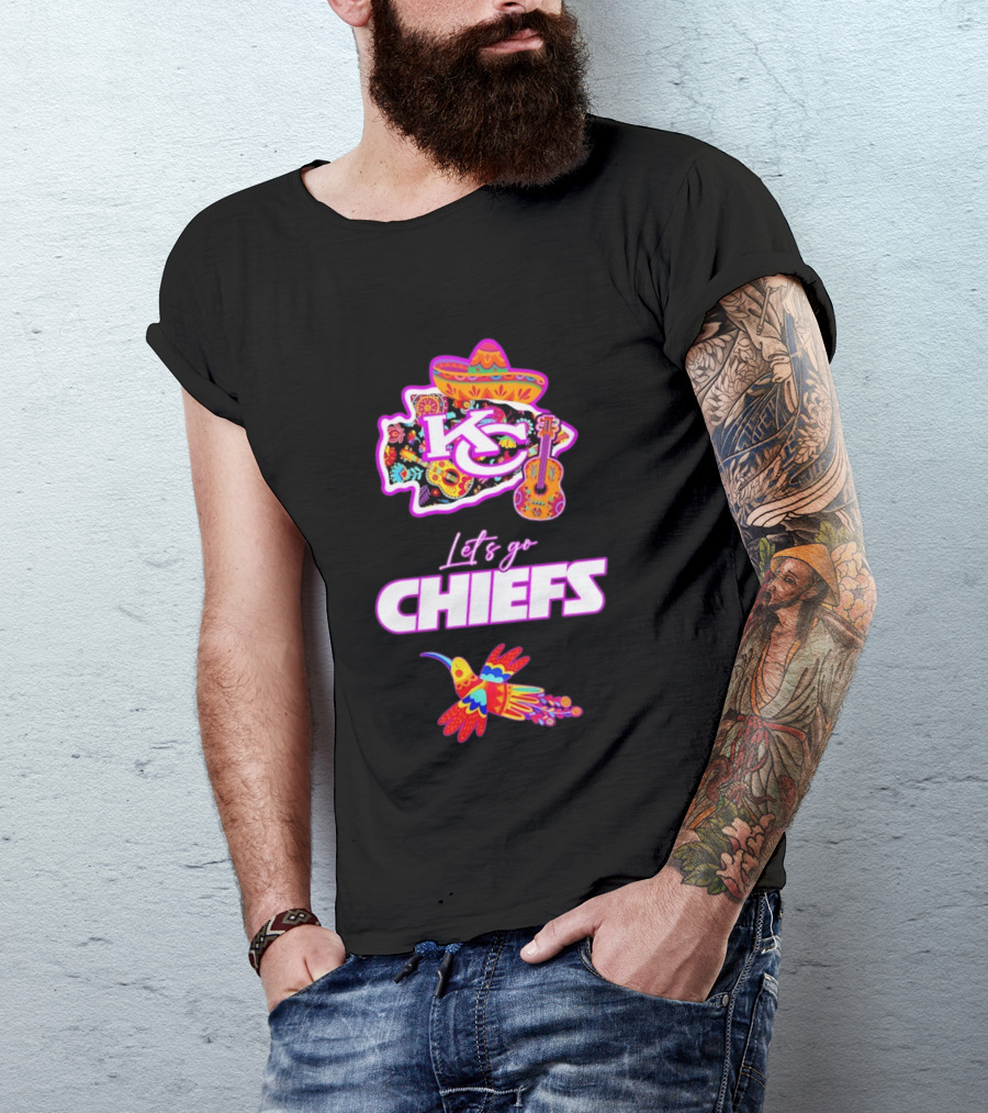 Kansas City Chiefs Let's Go Chiefs Fiesta Hispanic Heritage Mexican Folk KC Sombrero Guitar Hummingbird T-Shirt