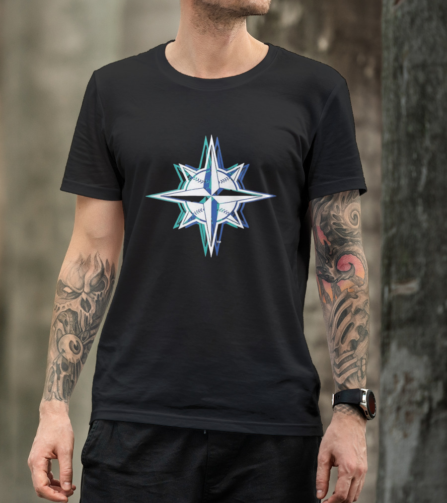 Seattle Mariners MLB 2026 Glitch Star With Baseball Seam Compass T-Shirt