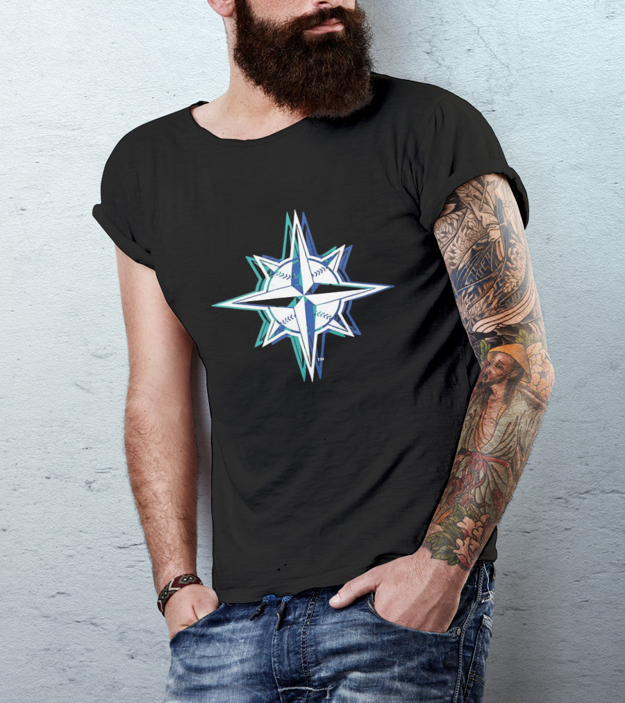Seattle Mariners MLB 2026 Glitch Star With Baseball Seam Compass T-Shirt