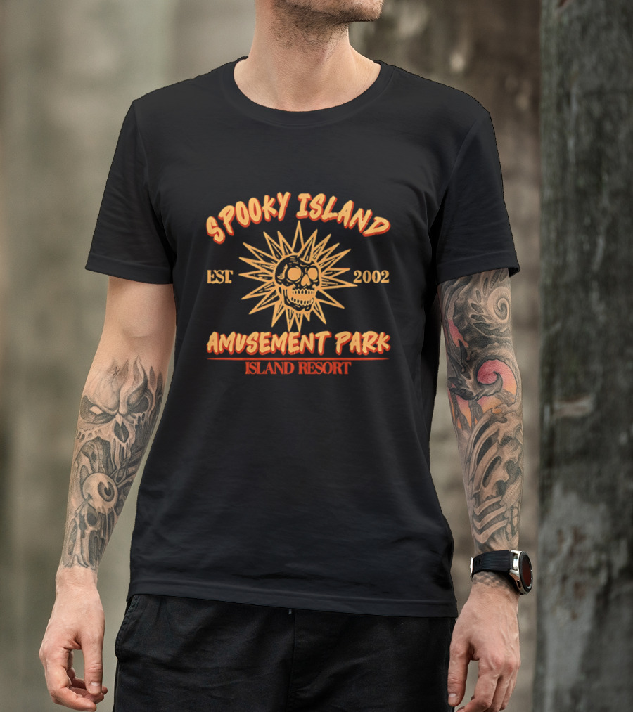 Spooky Island Amusement Park Est 2002 Island Resort Skull Sunburst T-Shirt