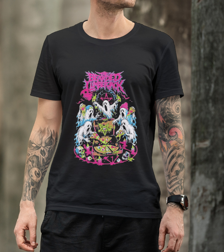 The Bearded Lumberjack Ghosts Enjoying Pizza With Pentagram T-Shirt