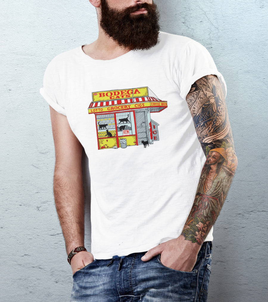 Bodega Cats Grocery Cigs Lotto Coffee Beer Ice ATM T-Shirt