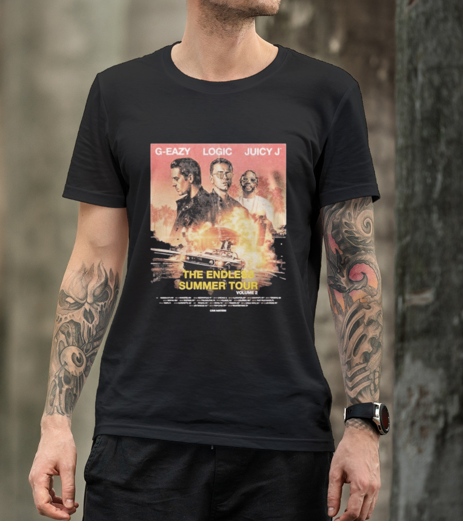 G Eazy Logic Juicy J The Endless Summer Tour Volume 2 2026 Retro Car Palm Trees T-Shirt