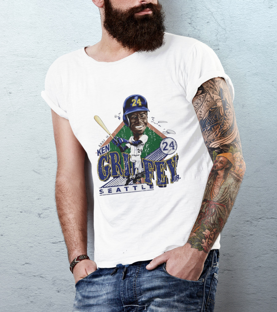 Ken Griffey Jr. Seattle Mariners 24 Baseball Batting Illustration Bruce Stark Collection T-Shirt