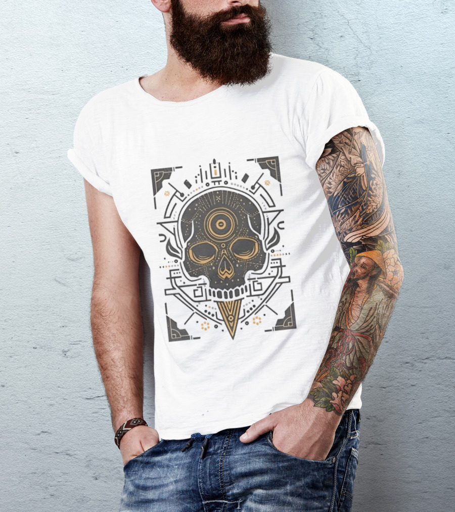 Sacred Geometry Skull Minimalist Golden Ornamental T-Shirt