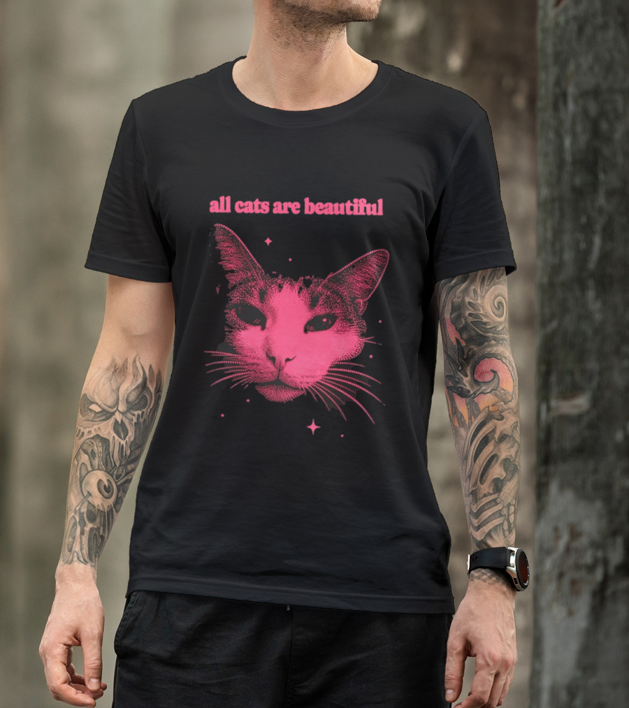 All Cats Are Beautiful Pink Halftone Cat Face With Stars T-Shirt