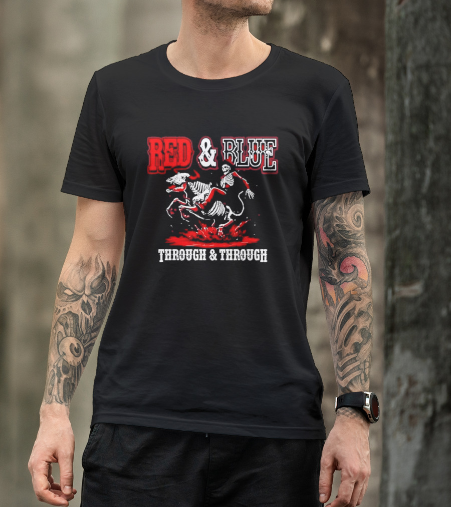 Red And Blue Through And Through Skeleton Cowboy Riding Horse T-Shirt