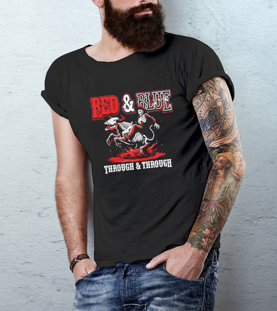 Red And Blue Through And Through Skeleton Cowboy Riding Horse T-Shirt
