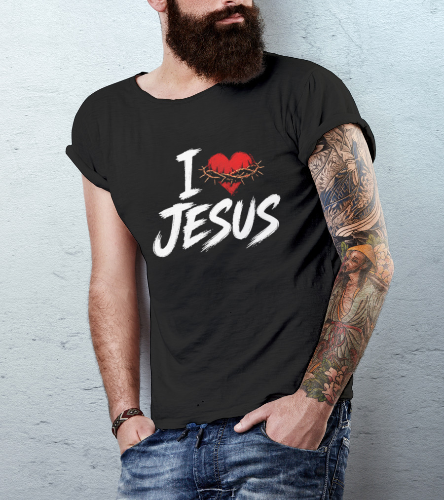 I Love Jesus Heart Crown Of Thorns Christian T-Shirt
