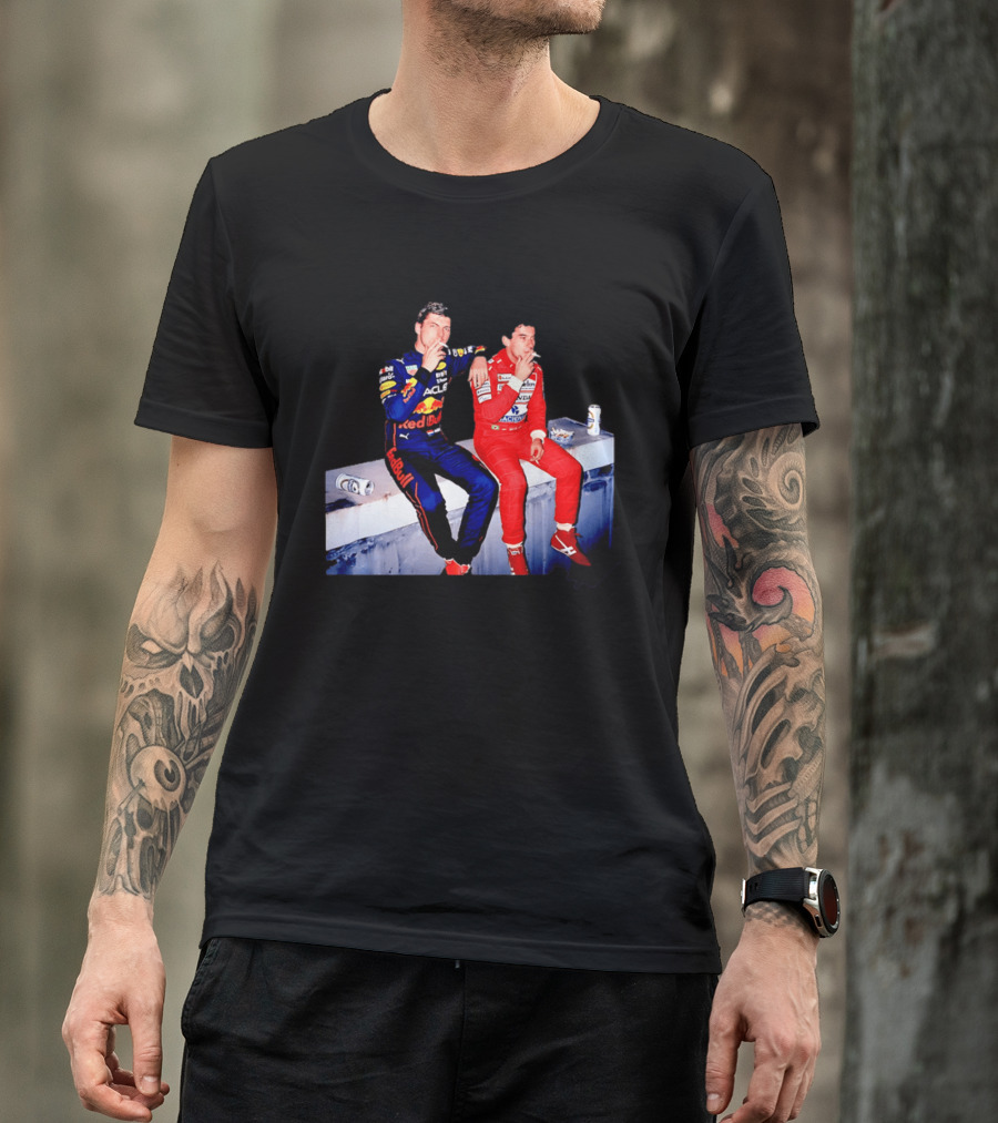 Max Verstappen Red Bull Racing And Ayrton Senna Honda Marlboro F1 Legends Smoking Together T-Shirt
