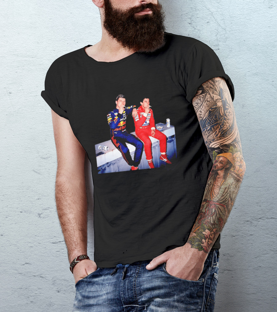 Max Verstappen Red Bull Racing And Ayrton Senna Honda Marlboro F1 Legends Smoking Together T-Shirt