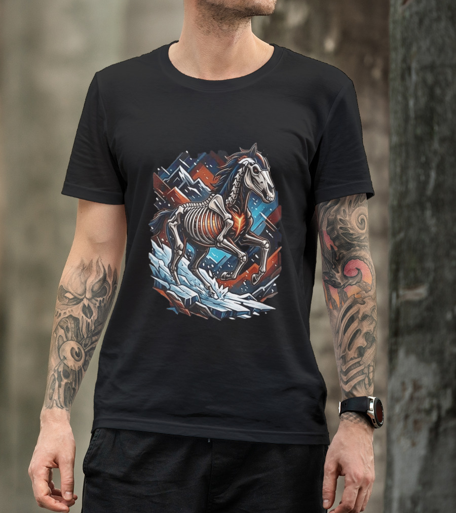 Denver Broncos Runs In My Blood Skeleton Horse And Mountains T-Shirt