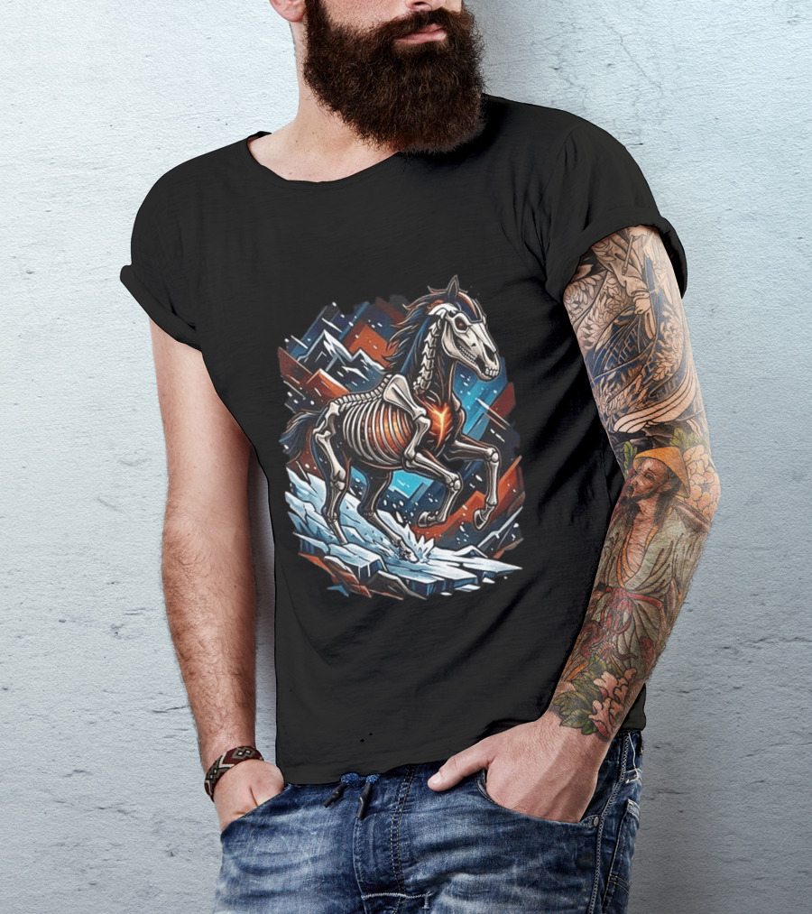 Denver Broncos Runs In My Blood Skeleton Horse And Mountains T-Shirt