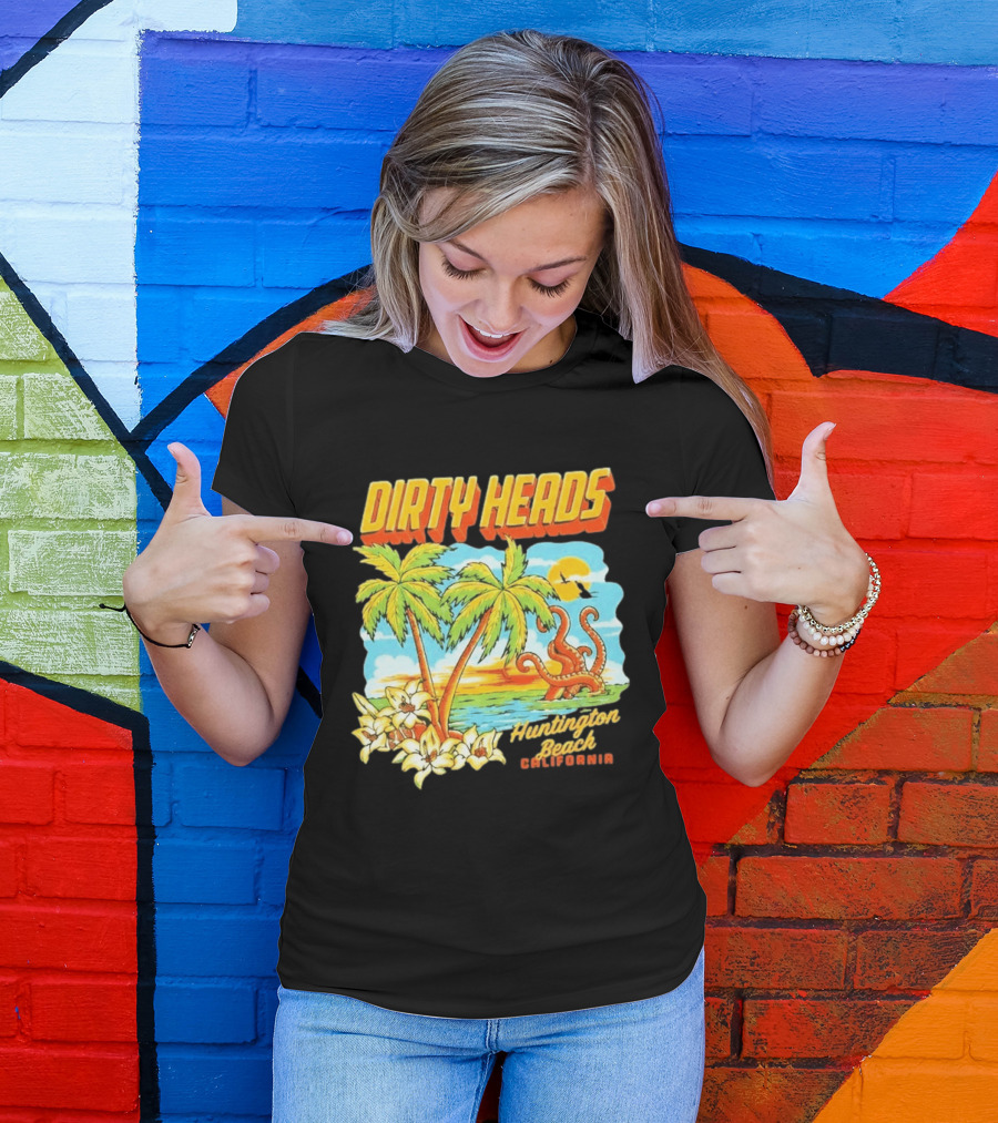 Dirty Heads Tropical Beach Palm Trees Ocean Sunset Octopus Huntington Beach California T-Shirt