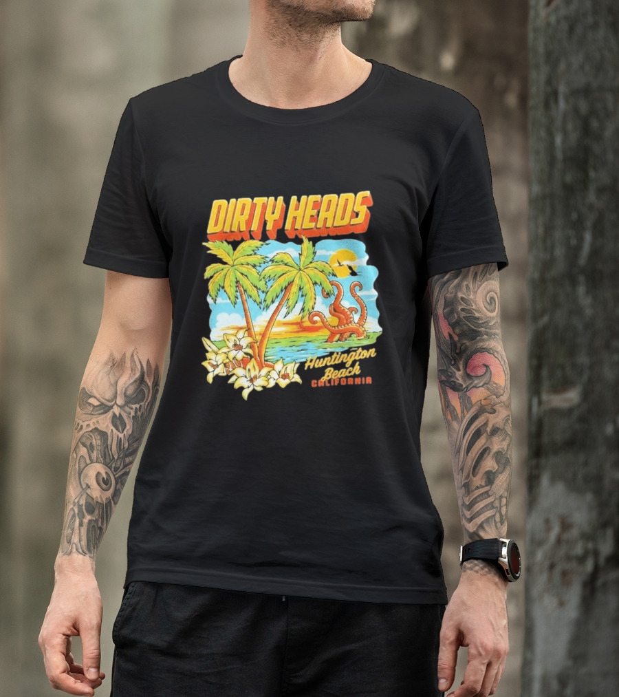 Dirty Heads Tropical Beach Palm Trees Ocean Sunset Octopus Huntington Beach California T-Shirt