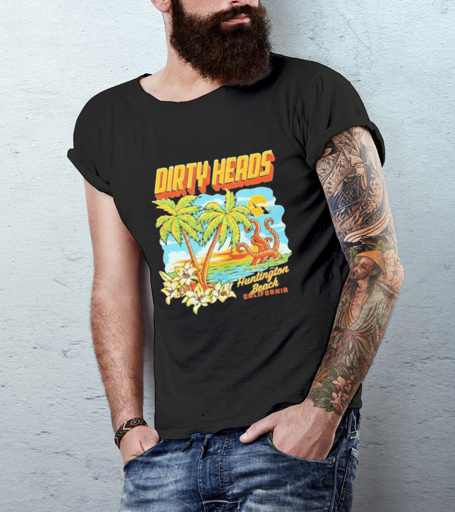 Dirty Heads Tropical Beach Palm Trees Ocean Sunset Octopus Huntington Beach California T-Shirt