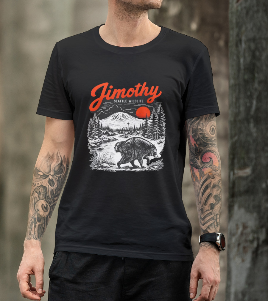 Jimothy Seattle Wildlife Raccoon With Mountain And Space Needle T-Shirt